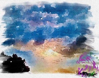 以下が含まれることがあります： 青、紫、オレンジの色合いの雲がかった夕焼けの空を描いた水彩画。太陽が雲の後ろに沈み、空に温かい光を投げかけています。