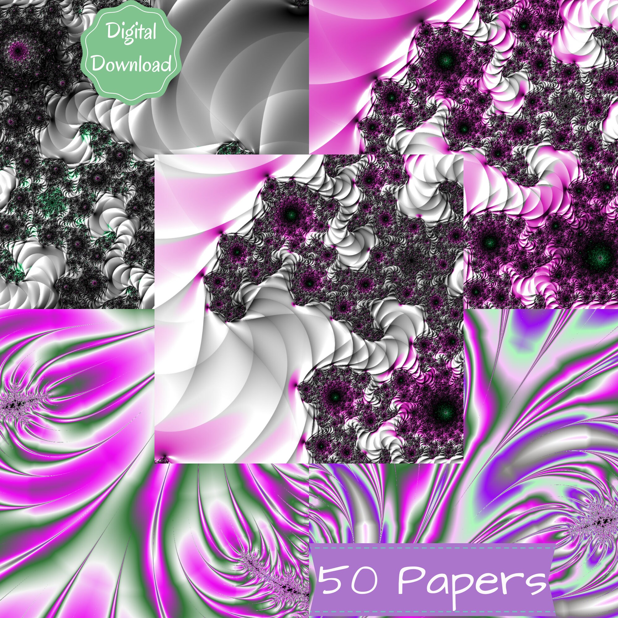 50 DIGITAL Papers FRACTAL Designs 300 DPI in Pink, Green, Purple and ...