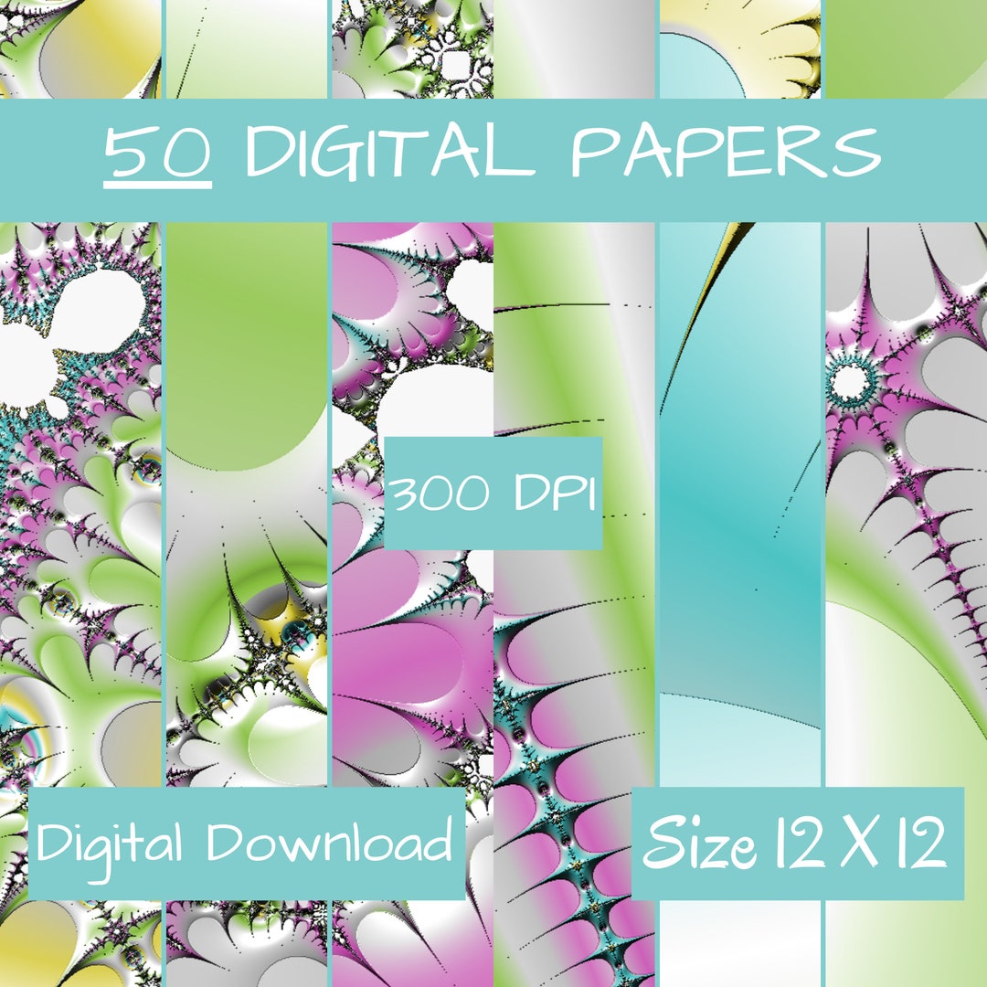 50 DIGITAL Papers FRACTAL Designs 300 DPI Pink, Green, Blue, Spiral ...