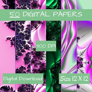 Pode incluir: 50 papéis digitais em uma variedade de padrões abstratos rosa, roxo, verde e branco. Os papéis são de 300 DPI e de 12 polegadas por 12 polegadas. Download digital.
