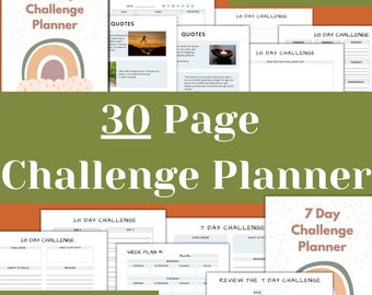 May include: A digital download bundle pack of printable challenge planner pages. The pages feature a rainbow design with a 28-day and 7-day challenge planner. The text "30 Page Challenge Planner" is displayed in a large font.