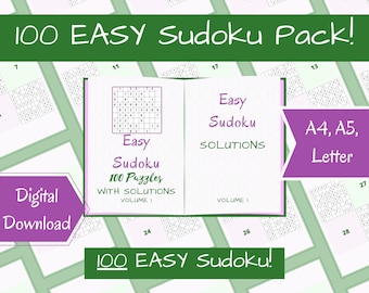 May include: A digital download of 100 easy Sudoku puzzles with solutions. The cover features a green and white grid with the text "100 Easy Sudoku Pack!" and "100 Easy Sudoku!" in a larger font. The book is open to reveal a completed Sudoku puzzle and the text "Easy Sudoku 100 Puzzles with Solutions Volume I".