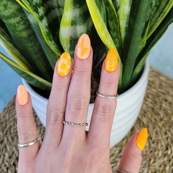 Orange Lightning Bolt and Checkerboard Abstract Summer Press On Nails | Custom Sized Set | 10 Nails Included