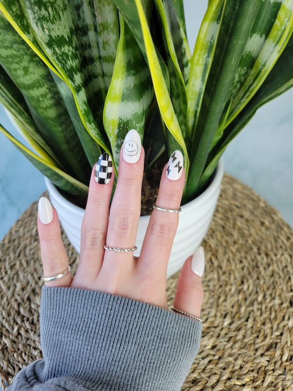 Beige and Black Checkerboard and Lightning Bolt Abstract Press on