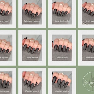 May include: A collection of matte black press-on nails in various shapes and lengths, including extra short oval, almond, and coffin, plus short square and almond, and medium oval, coffin, square, almond, and stiletto. The Sagebrush Nail Co. logo is in the bottom right corner.
