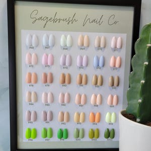May include: A framed color chart labeled Sagebrush Nail Co. featuring rows of almond-shaped press-on nail samples in various shades, including white, pink, blue, orange, and green, each paired with a unique numerical identifier from 966 to 1003.