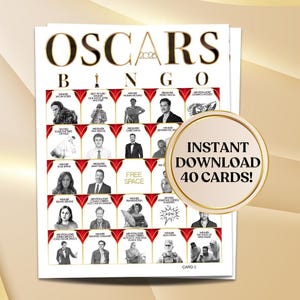 Puede incluir: Una tarjeta de juego de bingo de los Oscar con un diseño dorado y blanco. La tarjeta presenta el texto "OSCARS BINGO" e incluye imágenes de celebridades y frases relacionadas con los Premios de la Academia. Un gráfico circular dice "¡DESCARGA INSTANTÁNEA 40 TARJETAS!"