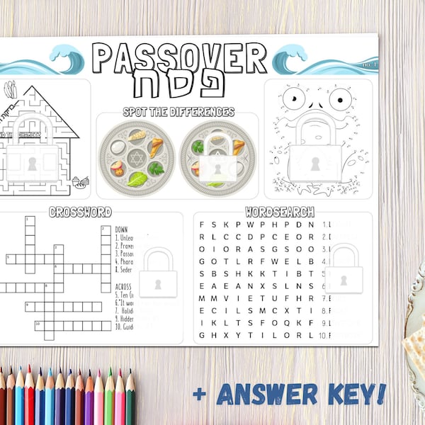 Printable PASSOVER Placemat Activity Sheet פסח PESACH Seder Puzzle Games Sheet