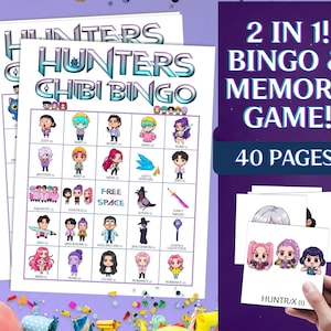 Puede incluir: Dos hojas de juego "Hunters Chibi Bingo" con ilustraciones de personajes de dibujos animados. El texto "¡2 en 1! ¡Bingo y juego de memoria! 40 páginas" está sobre un fondo morado. Una mano sostiene cartas con personajes de dibujos animados.