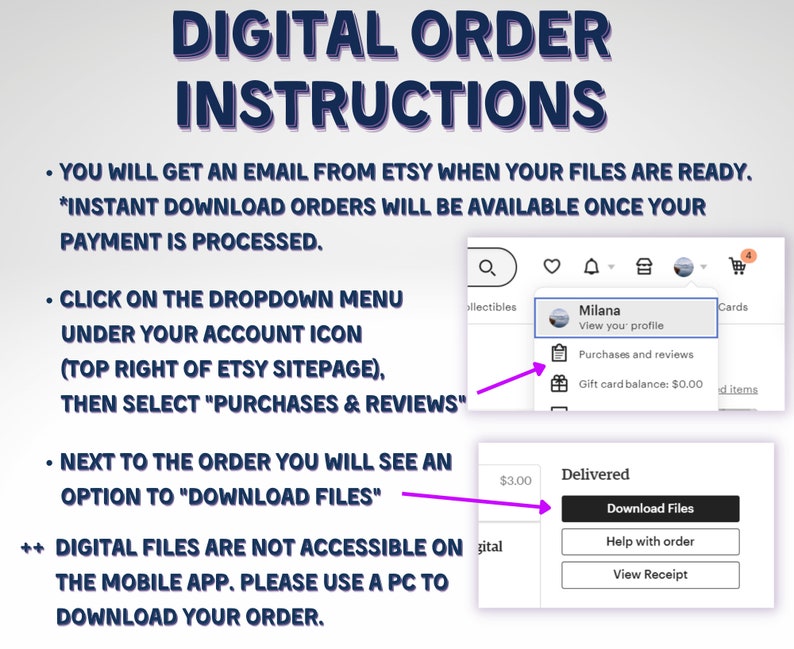 May include: Image with instructions for downloading digital orders from Etsy. Text includes steps for finding the download option, including the dropdown menu under the account icon and selecting "Purchases & Reviews". It also notes that digital files are not accessible on the mobile app.