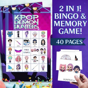 Puede incluir: Un juego de Bingo y Memoria K-Pop Demon Hunters. El juego presenta una tarjeta de bingo con ilustraciones de personajes y el texto "K-Pop Demon Hunters". El juego incluye 40 páginas y el texto "2 en 1! Bingo & Memory Game!"
