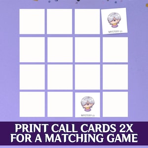 May include: A purple background with a grid of white squares. Two squares contain a cartoon character with gray hair and the text "MYSTERY (2)". The text "PRINT CALL CARDS 2X FOR A MATCHING GAME" is at the bottom.