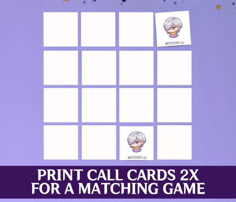 May include: A purple background with a grid of white squares. Two squares contain a cartoon character with gray hair and the text "MYSTERY (2)". The text "PRINT CALL CARDS 2X FOR A MATCHING GAME" is at the bottom.
