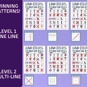 May include: A game board featuring the text "Hunters Chibi Bingo" with various chibi character illustrations and marked spaces. The image also includes examples of winning patterns, such as one-line and multi-line bingo.