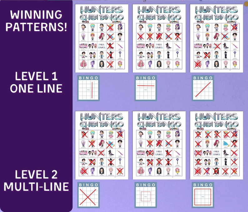 May include: A game board featuring the text "Hunters Chibi Bingo" with various chibi character illustrations and marked spaces. The image also includes examples of winning patterns, such as one-line and multi-line bingo.