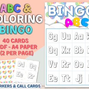 May include: A printable bingo card set with a rainbow theme. The card features a colorful alphabet and the word "Bingo" in a rainbow font. The card is designed for coloring and includes 40 cards, 2 per page, on A4 paper.