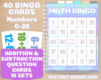 Puede incluir: Un conjunto de 40 tarjetas de bingo imprimibles para un juego de matemáticas. Las tarjetas presentan los números del 0 al 26. La imagen muestra una tarjeta de muestra con el título "Math Bingo" y los números 1, 6, 2, 13, 12, 18, 15, 14, 9, 20, 25, 23, "Espacio libre", 10, 19, 17, 22, 7, 0, 3, 21, 4, 8, 5, 24. La imagen también muestra tres tarjetas de preguntas de muestra con problemas de suma y resta.