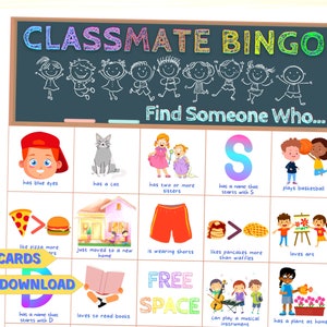 Classmate Get to Know You Bingo, BACK TO SCHOOL Icebreaker, Kids find the Guest Bingo kids, Printable Find Someone Who Bingo, Fun Classroom