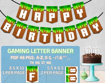 Party Banner Instant Download, Gamer Party, Pixel Mining Game, Minecrafter Party Decorations, Video Game Birthday for Gamer Boy  Gamer Girl
