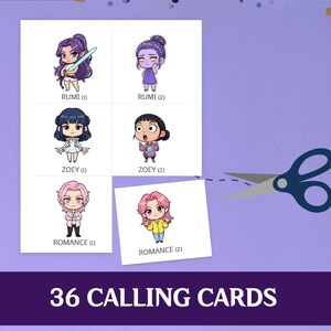 May include: A sheet of calling cards with cartoon illustrations of characters named Rumi, Zoey, and Romance. Each character has a unique hairstyle and outfit. The text "36 CALLING CARDS" is at the bottom of the image.