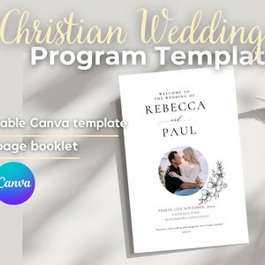May include: A white Christian wedding program template with the text "Christian Wedding Program Template". The program includes the names "Rebecca and Paul" and a photo. The template is an editable Canva template.