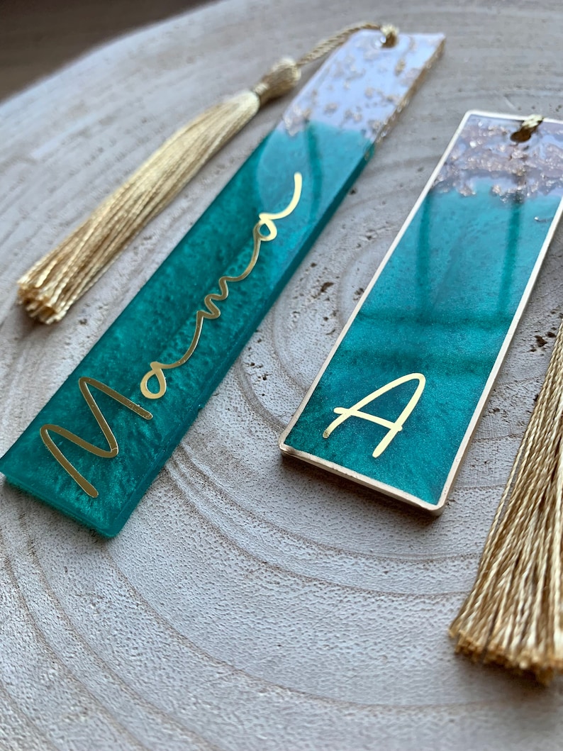 Ab 8,50 EURO: Lesezeichen personalisiert aus Epoxidharz verschiedene Farben und Gold Resin Bookmark Blau Petrol Grün Bild 4