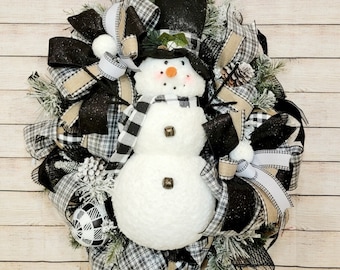 Winter Wreath, Black and White Snowman Wreath, Christmas Wreath ...
