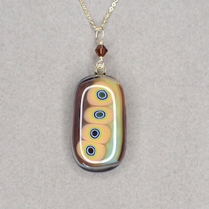 Fused Glass Pendant | Unique Design with Sherbet Murrine and Brown Streaky Glass | Swarovski Crystal | 14K Gold Filled Chain