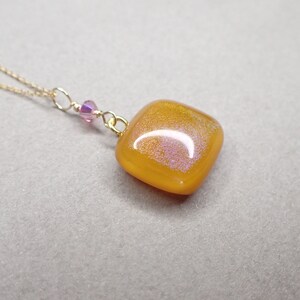 Fused Glass Pendant, Caramel and Pink, Swarovski Crystal