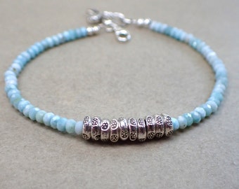 Gorgeous Larimar and Karen Hill Tribe Beaded Bracelet | Gemstone and Fine Silver Bracelet | Boho Layering Bracelet