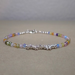 Multi-Color Zirconia and Hill Tribe Thai Silver Bracelet | Boho Gemstone and Fine Silver | Stacking Small and Dainty Bracelet | Gift for Her