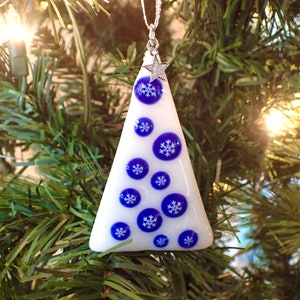 White with Blue and White Snowflakes Fused Glass Christmas Tree Ornament | Christmas Home Decor | Holiday Décor