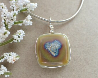 Fused Glass Pendant with Silver Heart and Wire Wrapped Bail | Reactive Fused Glass Jewelry | Boho Necklace