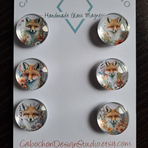 Floral Fox Magnets, Glass, Cabochon, Fridge Magnets, Home Decor, Gift Idea