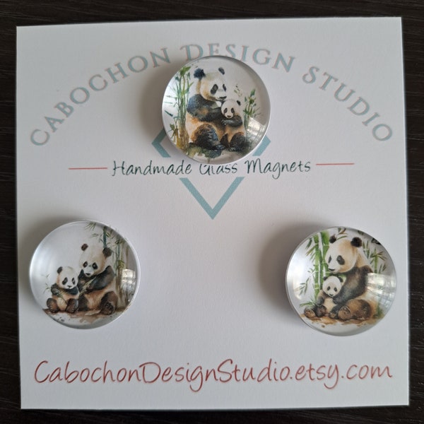 Panda Mom & Cub Magnets, Glass, Cabochon, Fridge Magnets, Home Decor, Gift Idea