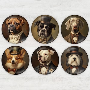 May include: Six round buttons featuring portraits of dogs dressed in formal attire. The dogs include a Boxer, a Boston Terrier, a Weimaraner, a Corgi, a Pit Bull, and an Old English Sheepdog, each wearing a bow tie and a top hat.