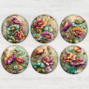 May include: Six round coasters with floral designs. Each coaster features a watercolor painting of colorful flowers in shades of pink, orange, purple, and teal. The coasters have a vintage, antique aesthetic.