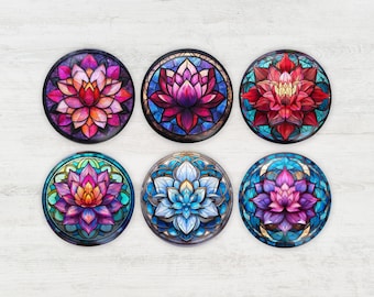 May include: Six round decorative magnets with stained glass lotus flower designs. The magnets feature vibrant colors including pink, purple, blue, and orange. Each magnet has a black border and a glossy finish, perfect for a refrigerator or magnetic board.