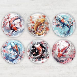 May include: Six round decorative magnets featuring watercolor koi fish designs. Each magnet showcases a different koi fish in shades of red, orange, blue, and white, surrounded by cherry blossoms. The backgrounds vary with water and floral elements.