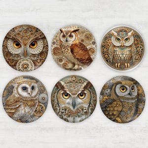 May include: Six round decorative owl designs. Each owl features intricate details, including gears and clockwork elements, in shades of brown, gold, and cream. The owls have large, expressive eyes and are set against a white background.