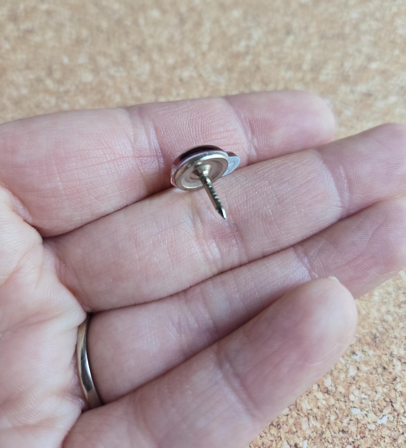 Puede incluir: Una chincheta plateada con una cabeza redondeada de color rojo oscuro. La chincheta tiene una cabeza peque&ntilde;a y circular y un alfiler afilado y puntiagudo. La chincheta est&aacute; dise&ntilde;ada para asegurar papel u otros materiales a una superficie.