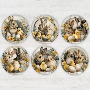 May include: Set of six round decorative glass coasters featuring watercolor illustrations of bunnies, chicks, eggs, and floral arrangements. The coasters have a light background and are perfect for Easter or spring decor.