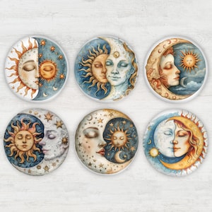 May include: Six round decorative magnets featuring celestial designs. Each magnet showcases a sun and moon motif with watercolor-style illustrations in shades of blue, gold, and cream. The designs include stars and faces.