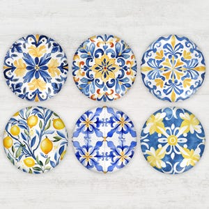 25mm Mediterranean Amalfi Tile Glass Cabochons, 1 Inch, Handmade, Flatback, Blue and Yellow