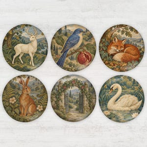 May include: A set of six circular decorative magnets featuring detailed illustrations of a white deer, a blue bird with a pomegranate, a sleeping fox, a brown rabbit, a stone garden archway, and a white swan swimming in a pond.