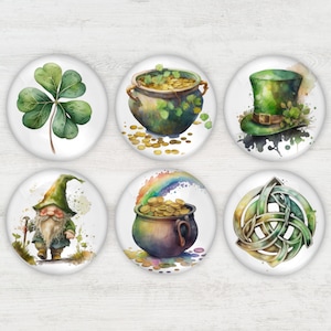 May include: Set of six round St. Patrick's Day themed images. Includes a four-leaf clover, a pot of gold, a green top hat, a leprechaun, a pot of gold with a rainbow, and a Celtic knot design. Each image has a watercolor effect.
