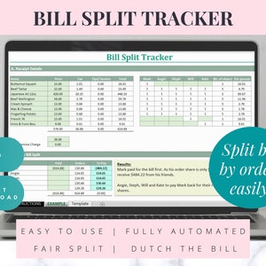 May include: A laptop screen displays an Excel spreadsheet titled "Bill Split Tracker." The spreadsheet is divided into columns for item, price, tax, and total. Text on the screen reads "Easy to use, fully automated, fair split, dutch the bill."