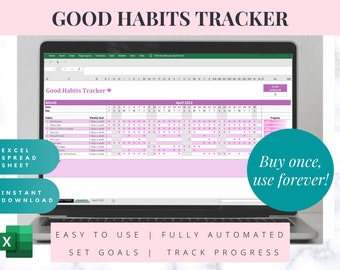 Tracker voor goede gewoonten: volg de voortgang met schattige roze harten | Dagelijks, wekelijks, maandelijks | Gebruik voor altijd | Excel-sjabloon | Digitale sjabloon