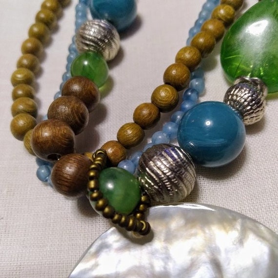 Multi Strand Blue Bead Abalone Shell Necklace 17"… - image 5