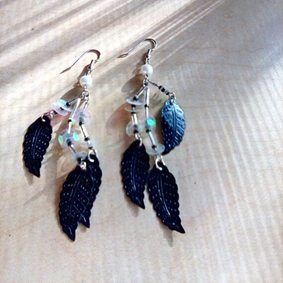 Beaded with Sequence Crow feather Pierced earring… - image 2
